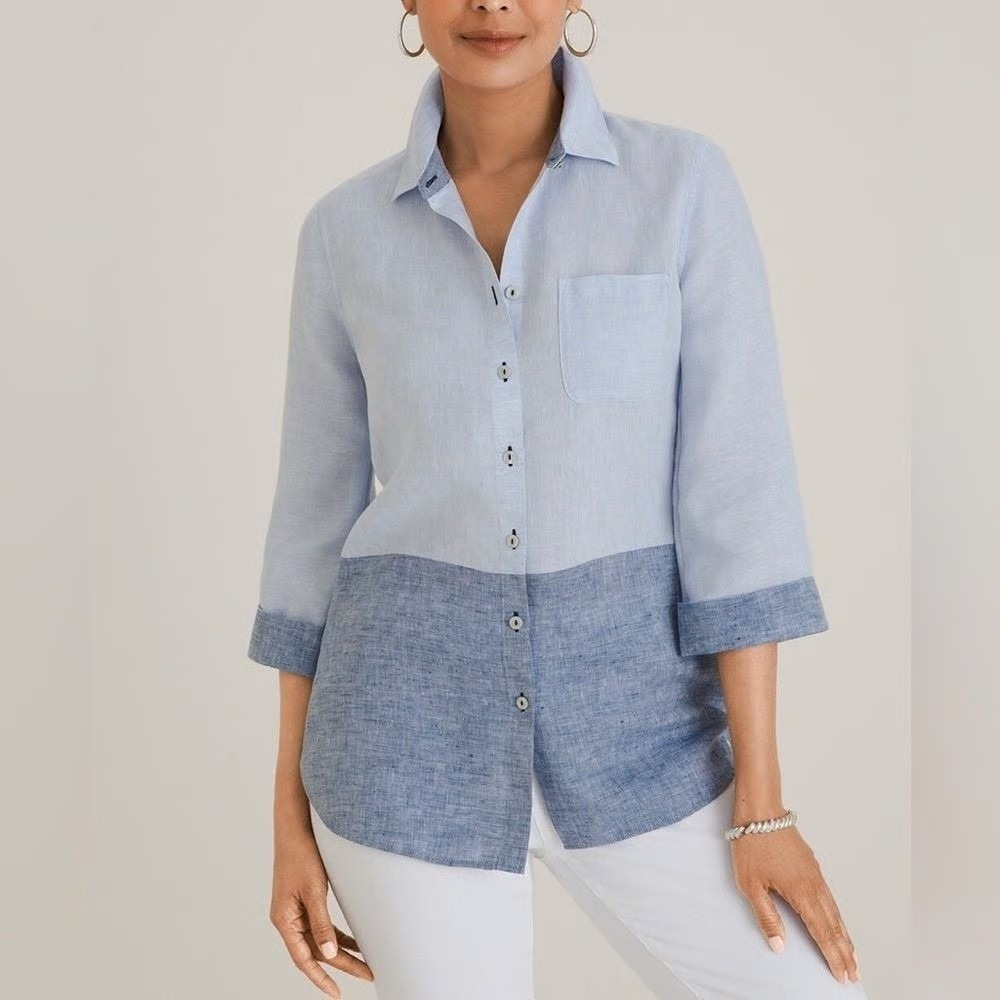 Chico's 100% Linen No-Iron Button-Up Shirt Colorblock TopSize 2 12 / 14 Coastal - Picture 1 of 10